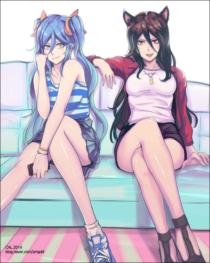 2girls :d ahri animal_ears artist_name blue_hair bracelet breasts brown_hair cal_(pmgdd) casual cellphone couch crossed_legs earrings facial_mark fang fox_ears fox_tail grin hair_ribbon head_tilt highres horizontal_stripes jacket jewelry large_breasts league_of_legends long_hair looking_at_viewer multiple_girls multiple_tails necklace open_clothes open_jacket open_mouth phone plaid plaid_skirt red_eyes ribbon ring sandals shirt shoes sitting skirt smile sona_buvelle striped striped_shirt tail tennis_shoes twintails watermark web_address whisker_markings yellow_eyes