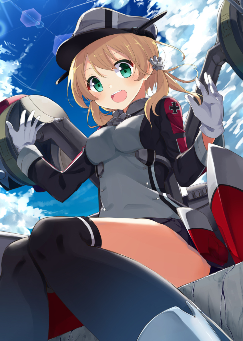 1girl anchor anchor_hair_ornament black_legwear blonde_hair blue_eyes breasts clouds cloudy_sky from_below gloves hair_ornament hat highres kantai_collection looking_at_viewer machinery open_mouth peaked_cap prinz_eugen_(kantai_collection) sasahara_wakaba sitting skirt sky smile solo teeth thigh-highs turret uniform