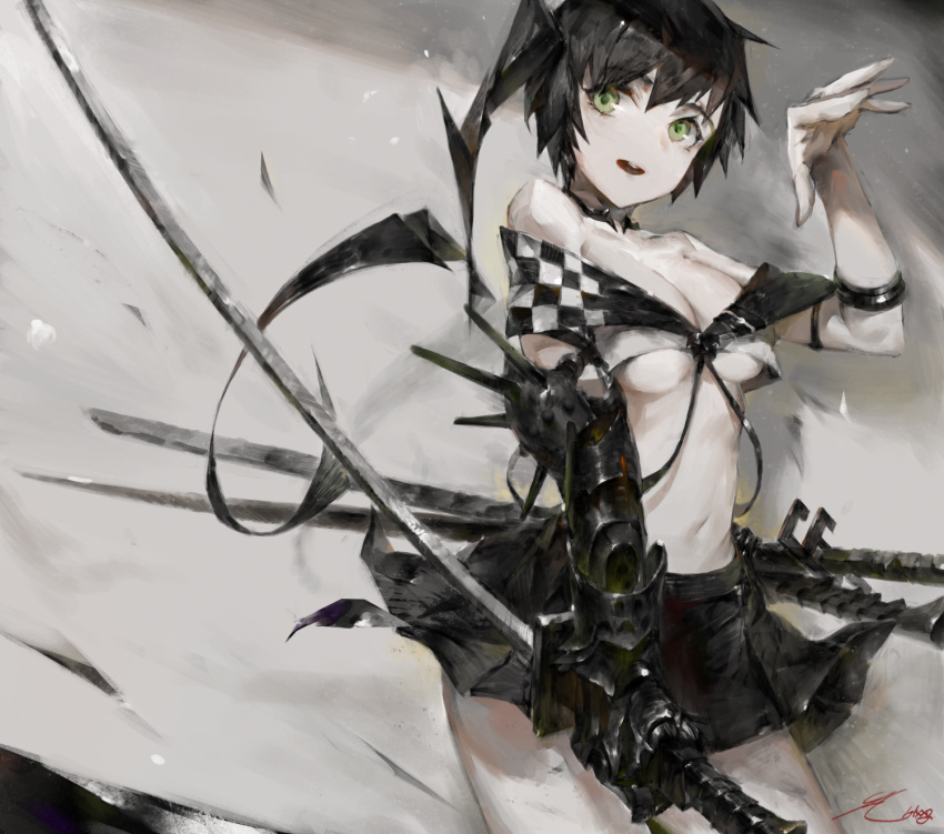 1girl black_hair breasts cleavage gauntlets green_eyes highres holding holding_sword holding_weapon hong no_bra original short_hair signature solo sword under_boob weapon