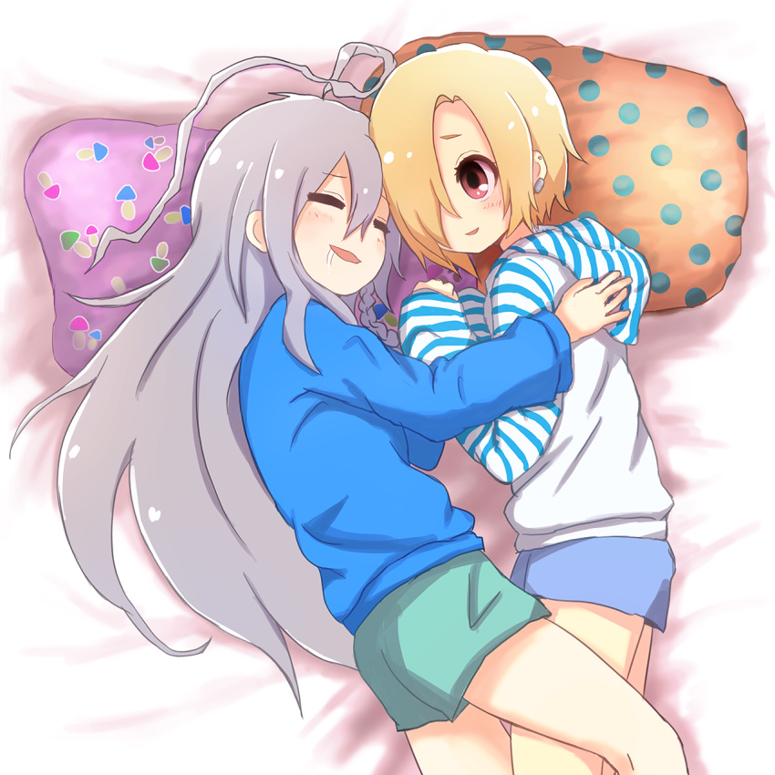 2girls ahoge bed blonde_hair blush braid closed_eyes drooling ear_piercing hair_over_one_eye highres hood hoodie hoshi_shouko hug idolmaster idolmaster_cinderella_girls long_hair multiple_girls piercing pillow shirasaka_koume short_hair shorts silver_hair single_braid sleeping smile takatsurt very_long_hair yuri