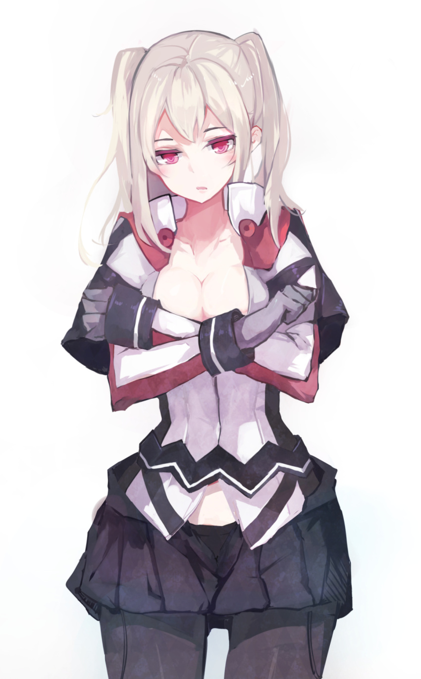 1girl blonde_hair blush breasts cleavage graf_zeppelin_(kantai_collection) highres kantai_collection large_breasts miniskirt no_hat pantyhose red_eyes skirt solo twintails white_background yu_kitsune