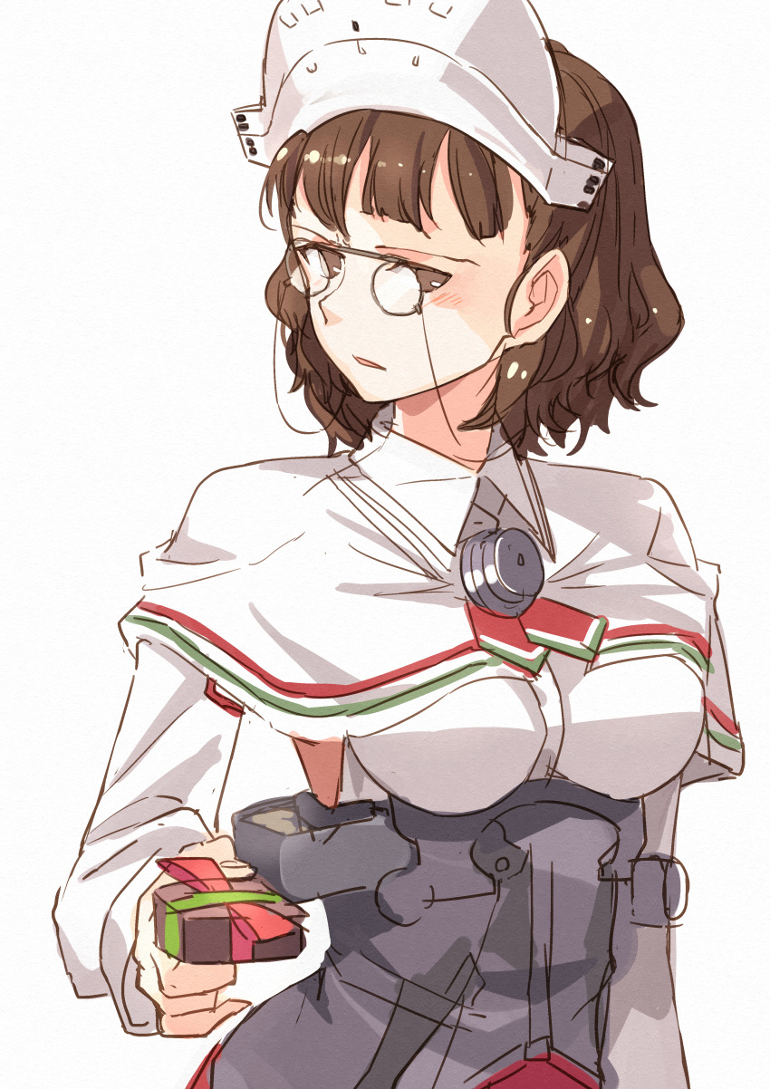 1girl absurdres bangs blunt_bangs blush brown_eyes brown_hair capelet commentary_request gift glasses headdress highres incoming_gift kanmiya_shinobu kantai_collection looking_at_viewer pince-nez roma_(kantai_collection) simple_background solo upper_body valentine wavy_hair white_background