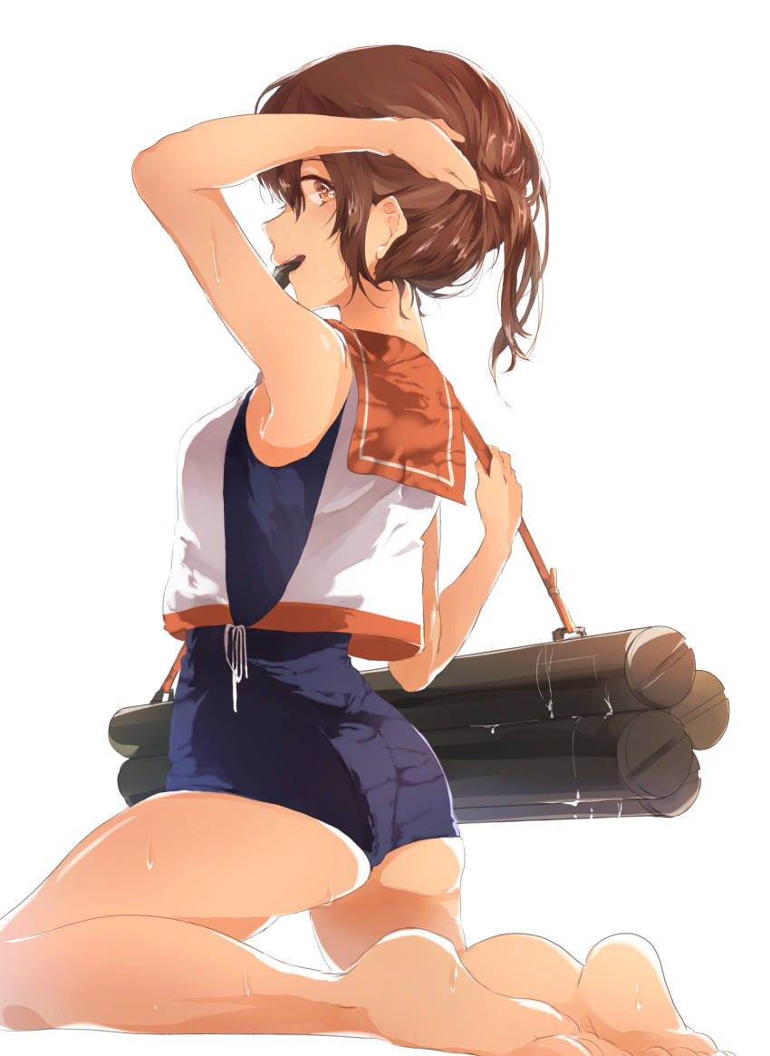 1girl adjusting_hair arm_behind_head ass barefoot brown_eyes brown_hair from_behind highres holding holding_hair i-401_(kantai_collection) kantai_collection kneeling looking_back machinery miwano_ragu mouth_hold school_swimsuit solo swimsuit wet
