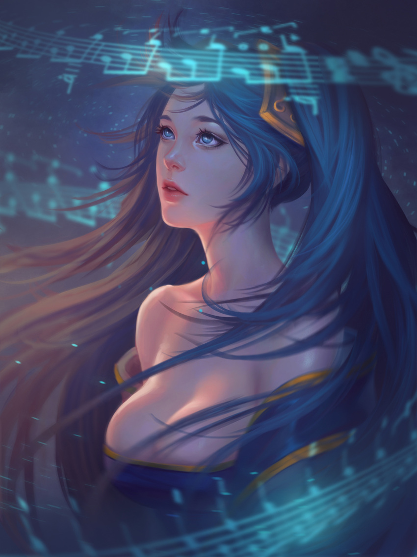 1girl bare_shoulders blue_eyes blue_hair breasts highres large_breasts league_of_legends long_hair low_neckline musical_note npye13 sheet_music solo sona_buvelle twintails very_long_hair