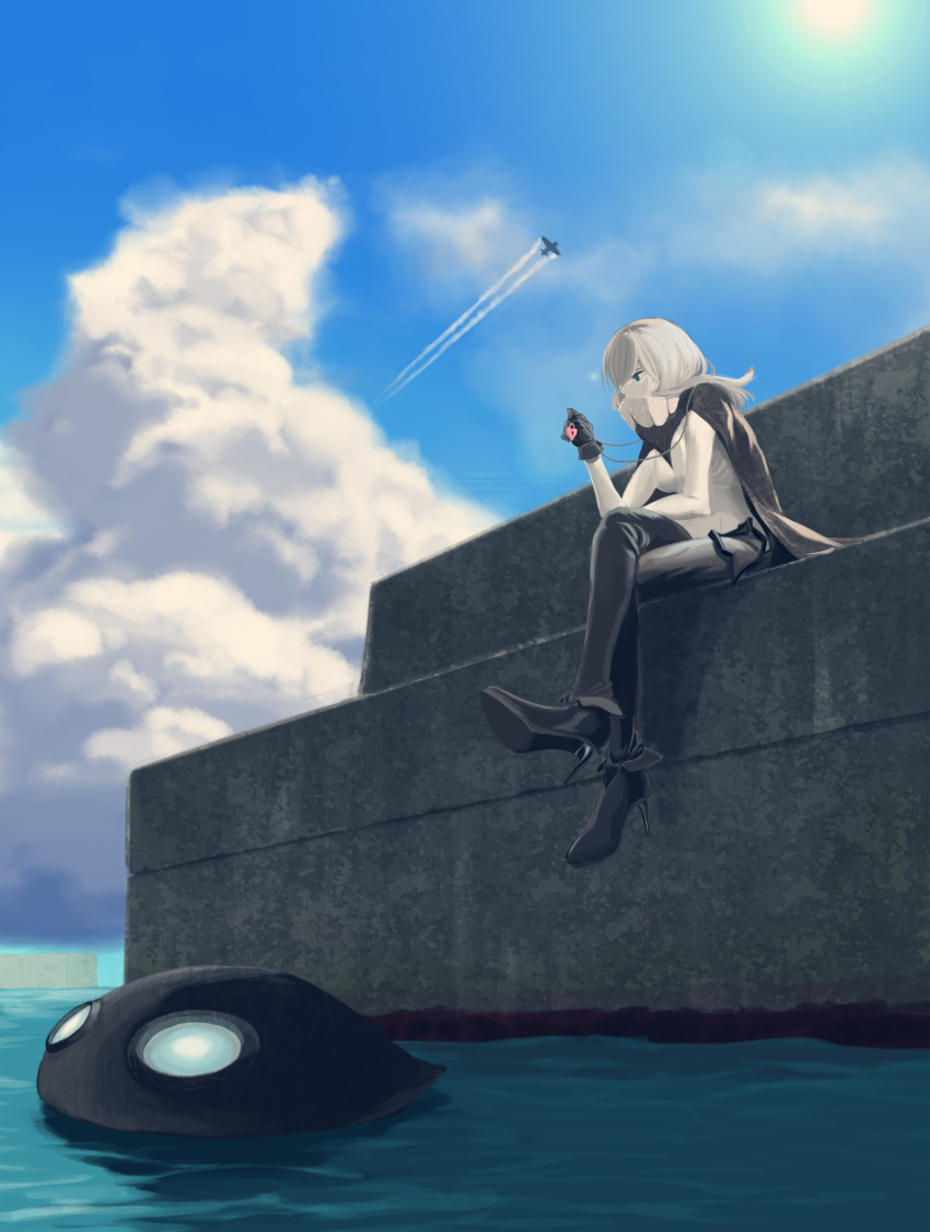 1girl absurdres airplane artist_request blue_eyes bodysuit cape clouds collar commentary_request crossed_legs elbow_on_knee gloves hat hat_removed headwear_removed heart-shaped_lock heart_lock_(kantai_collection) high_heels highres jewelry kantai_collection locket ocean pendant shinkaisei-kan sitting sky solo sun_glare suspenders white_hair white_skin wo-class_aircraft_carrier