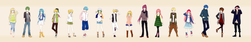 6+boys 6+girls :d :o ;o absurdres ahoge alternate_costume alternate_hairstyle american_flag_bow anzu_(o6v6o) arm_at_side arms_behind_back bangs bare_legs baseball_cap beanie beige_background belt black-framed_glasses black_legwear black_pants black_scarf black_shoes blazer blonde_hair blue_eyes blue_hair blue_legwear blue_pants blue_shoes blue_shorts blue_skirt boots bow bowtie bracelet braid brown_boots brown_pants buttons capri_pants carrying_over_shoulder clothes_writing collar collared_shirt cross-laced_footwear crossed_ankles dress dress_shirt ear_studs earrings eyelashes fashion frills front-tie_top ftm fur_boots fur_trim genderswap glasses glasses_removed green_eyes green_hair green_shorts grey_hat grey_shoes grin gumi gumiya hair_between_eyes hair_bun hair_ornament hair_over_shoulder hair_scrunchie half_updo hand_in_pocket hand_on_headwear hand_on_own_head hand_to_own_mouth hands_in_pockets hat hatsune_miku hatsune_mikuo heart heart_necklace high_heel_boots high_heels highres holding holding_hair holding_hat hood hood_down hoodie horizontal_stripes interlocked_fingers jacket jacket_removed jewelry kagamine_len kagamine_lenka kagamine_rin kagamine_rinto kaito kamui_gakupo key kneehighs knees_together_feet_apart lace lace-trimmed_shirt lace-trimmed_sleeves leg_warmers legs_apart lily_(vocaloid) lineup long_hair long_image long_sleeves looking_at_another looking_at_viewer looking_away megurine_luka megurine_luki meiko miniskirt mtf multiple_boys multiple_girls necklace one_eye_closed open_blazer open_clothes open_jacket open_mouth open_shirt own_hands_together pants pants_rolled_up pantyhose pendant pink_hair pink_shoes plaid plaid_dress plaid_pants plaid_shirt polka_dot ponytail profile purple_legwear raglan_sleeves red_eyes red_hat red_shoes ring sandals scarf scrunchie sf-a2_miki shirt shoes short_hair short_sleeves shorts simple_background skirt sleeves_rolled_up smile sneakers standing standing_on_one_leg striped surprised suspenders swept_bangs t-shirt thigh_gap toenail_polish turtleneck twin_braids twintails unbuttoned undershirt v_arms very_long_hair vest violet_eyes vocaloid watch watch white_blouse white_dress white_hat wide_image wristband x_hair_ornament yellow-framed_glasses yellow_boots yellow_legwear yellow_shoes