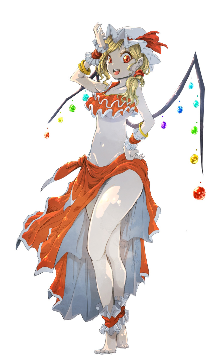 1girl alternate_costume ankle_cuffs backlighting barefoot blonde_hair bow bracelet breasts convenient_leg darjeeling_(reley) fang flandre_scarlet full_body hair_ornament hair_scrunchie hand_on_hip hand_up hat hat_bow highres jewelry legs looking_at_viewer mob_cap navel no_panties open_mouth red_eyes sarong scrunchie shiny shiny_hair shiny_skin short_hair side_ponytail simple_background sketch small_breasts smile solo teeth thighs toes tongue touhou under_boob waist white_background wings wrist_cuffs
