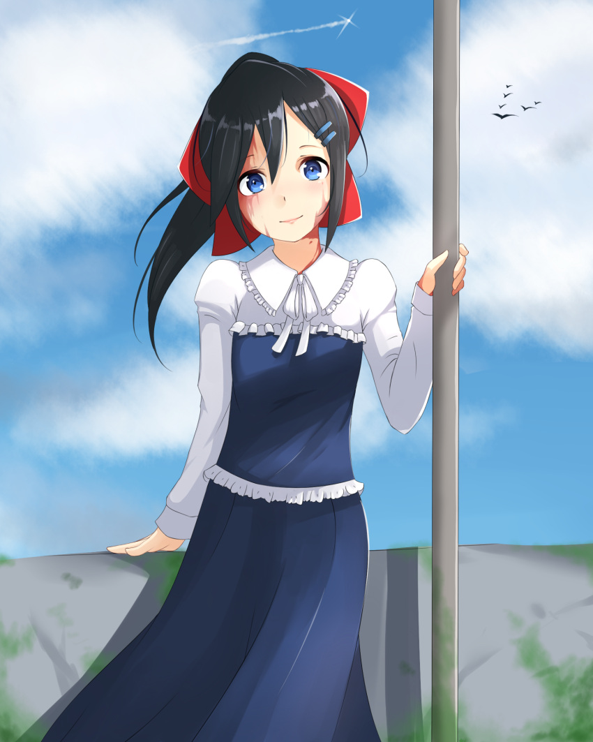 1girl black_hair blue_eyes blue_sky bow c_turtle clouds dorei_to_no_seikatsu_~teaching_feeling~ hair_bow hair_ornament hairclip head_tilt highres light_smile long_hair long_skirt long_sleeves looking_at_viewer ponytail red_bow skirt skirt_set sky solo sylvie_(dorei_to_no_seikatsu)