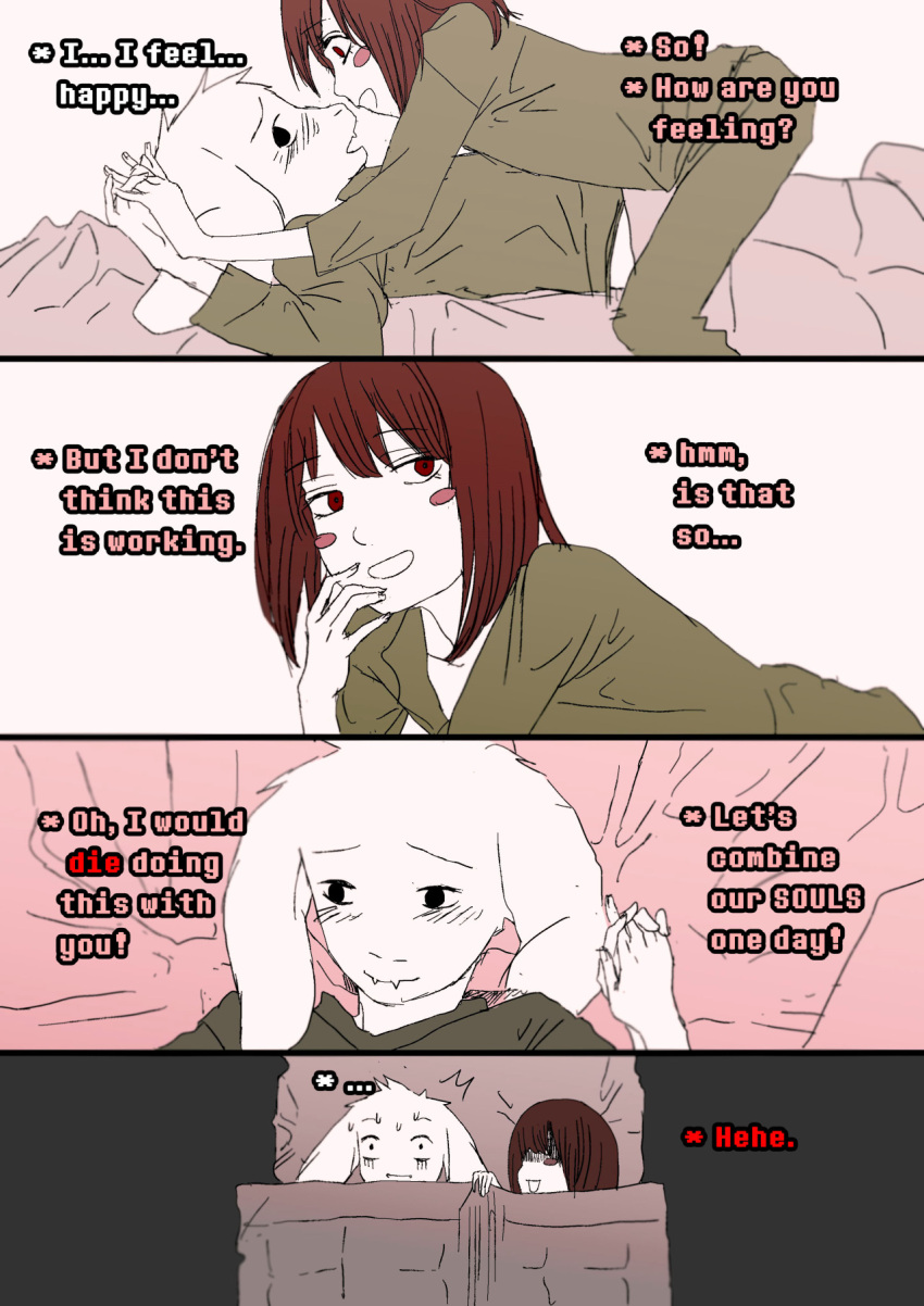 1boy 4koma androgynous asriel_dreemurr bed black_eyes blush_stickers bossmonsterbani brown_hair chara_(undertale) comic english highres interlocked_fingers jitome monster_boy pajamas pillow red_eyes sleeping spoilers trolling undertale