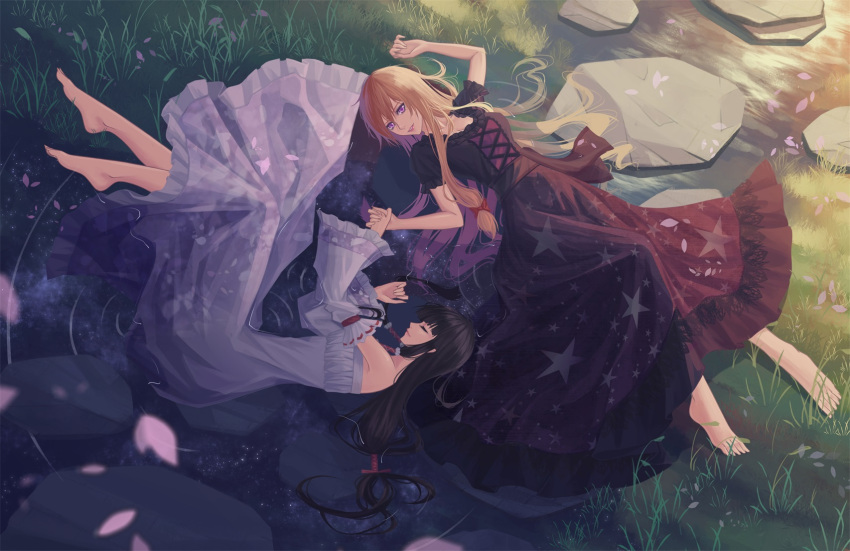 2girls alternate_costume bangs bare_shoulders barefoot black_hair blonde_hair blunt_bangs cherry_blossoms closed_eyes cross-laced_clothes detached_sleeves dress frilled_sleeves frills grass hair_tubes hakurei_reimu highres holding_hands long_dress long_hair low-tied_long_hair lying multiple_girls no_hat on_back on_ground on_side partially_submerged petals puffy_short_sleeves puffy_sleeves red-d reflection ripples rock short_sleeves star_(sky) star_print stream touhou twilight very_long_hair violet_eyes water white_dress wide_sleeves yakumo_yukari yuri
