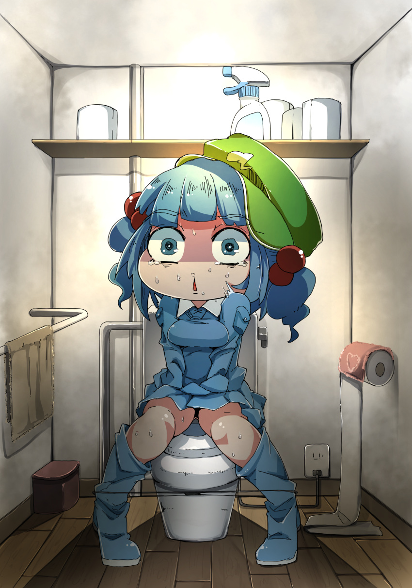 1girl absurdres bathroom black_panties blue_boots blue_eyes blue_hair blue_shirt blue_skirt boots bottle breasts cabbie_hat electric_socket eyebrows eyebrows_visible_through_hair flanvia hands_on_lap hat highres indoors kawashiro_nitori key_necklace knee_boots light looking_at_viewer open_mouth panties panty_pull rubber_boots shirt shirt_pocket short_hair skirt solo spray_bottle sweat sweating_profusely tearing_up thighs toilet toilet_paper toilet_use touhou towel trash_can two_side_up underwear wavy_eyes