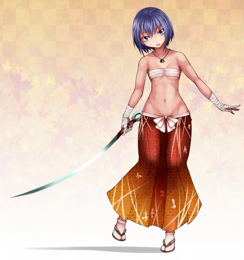 1girl aoshima bandages bangs bowl checkered checkered_background collarbone commentary_request eyebrows eyebrows_visible_through_hair full_body head_tilt highres jewelry long_skirt lowleg_skirt navel needle open_mouth pendant purple_hair sandals sarashi short_hair skirt solo standing_on_one_leg sukuna_shinmyoumaru sword tabi teeth touhou violet_eyes weapon