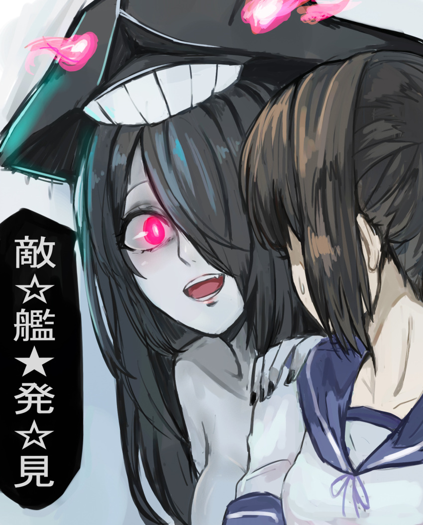 2girls bare_shoulders black_hair black_nails brown_hair collarbone fang fubuki_(kantai_collection) glowing glowing_eyes gradient gradient_background grey_background hair_over_one_eye hand_on_another's_shoulder hat highres kantai_collection kyouki long_hair looking_at_another multiple_girls nail_polish open_mouth pale_skin pink_eyes sailor_collar school_uniform serafuku shinkaisei-kan short_sleeves sketch so-class_submarine speech_bubble sweatdrop translated upper_body