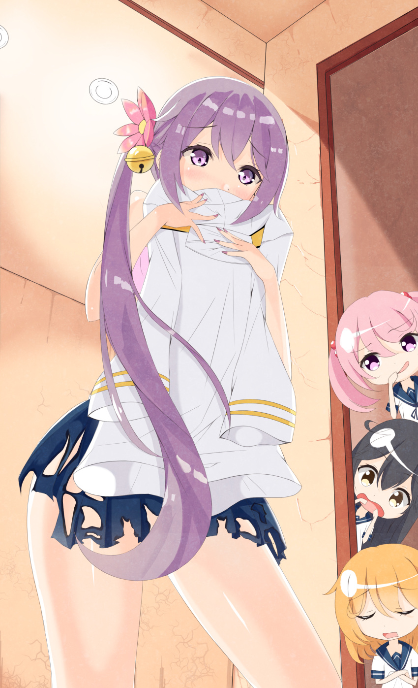4girls absurdres ahoge akebono_(kantai_collection) bangs bare_shoulders bell black_hair blush closed_eyes clothes_sniffing commentary_request crossed_arms doorway flower hair_bell hair_bobbles hair_flower hair_ornament highres kanikou kantai_collection long_hair multiple_girls oboro_(kantai_collection) open_mouth orange_hair pink_eyes pink_hair purple_hair sazanami_(kantai_collection) school_uniform serafuku shiny shiny_hair short_hair short_sleeves side_ponytail skirt smelling swept_bangs torn_clothes torn_skirt twintails ushio_(kantai_collection) very_long_hair violet_eyes
