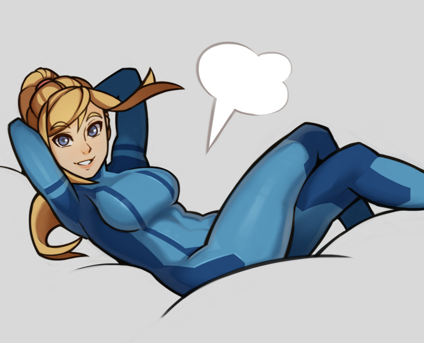 1girl blonde_hair blue_eyes crossed_legs highres metroid ponytail samus_aran sitting smile solo splashbrush zero_suit