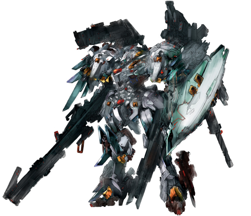 aqua_eyes comitia commentary_request gond gun highres huge_weapon knife mecha multiple_wielding no_humans original rifle science_fiction shield shoulder_cannon simple_background solo standing weapon white_background