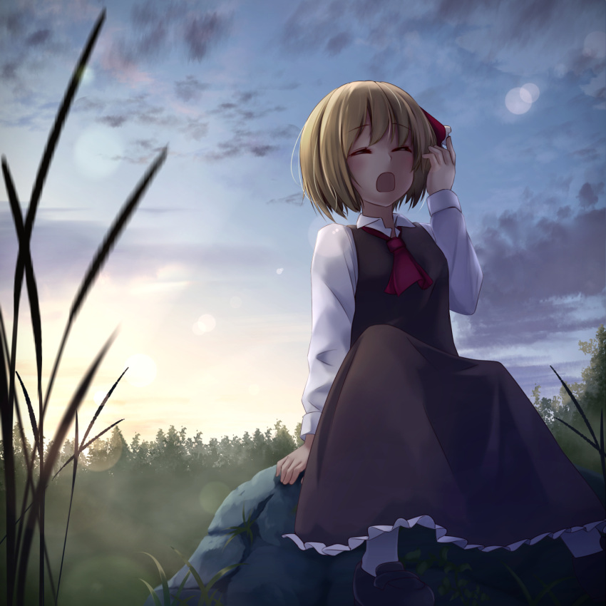 1girl ascot black_dress blonde_hair closed_eyes clouds cloudy_sky commentary_request dress hair_ribbon highres long_sleeves nature open_mouth pokio ribbon rock rumia shirt short_hair sitting sitting_on_rock sky solo sunrise touhou yawning