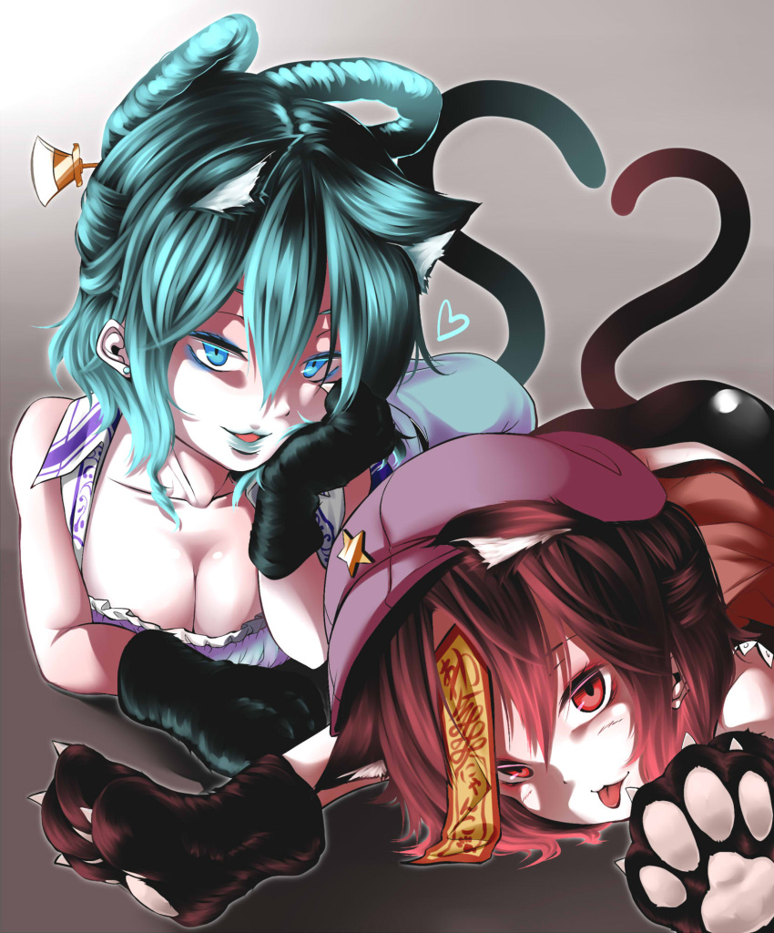 2girls :p animal_ears bare_shoulders blue_eyes blue_hair breasts brown_eyes brown_hair cat_ears cat_tail chin_rest cleavage earrings hair_ornament hair_rings hair_stick hat heart highres jewelry jiangshi kaku_seiga kemonomimi_mode lipstick looking_at_viewer lying makeup mascara miyako_yoshika multiple_girls ofuda on_stomach outstretched_arms paws shika_miso star tail tongue tongue_out touhou