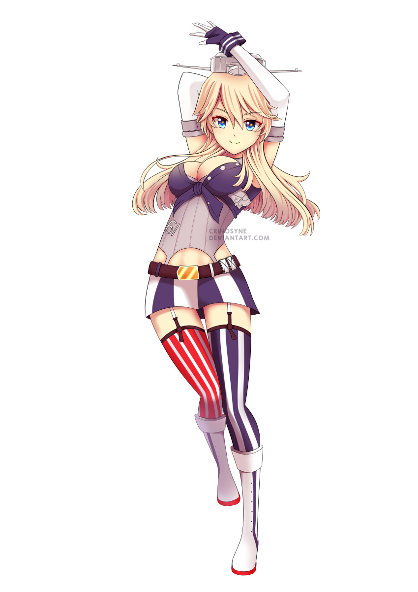 1girl absurdres arched_back arms_up artist_name blonde_hair blue_eyes boots breasts cleavage fingerless_gloves fitri_zahwa_januarita full_body garter_straps gloves hair_between_eyes hand_behind_head headgear highres iowa_(kantai_collection) kantai_collection large_breasts long_hair looking_at_viewer midriff miniskirt signature simple_background skirt smile solo standing star star-shaped_pupils striped striped_legwear symbol-shaped_pupils thigh-highs watermark web_address white_background zettai_ryouiki