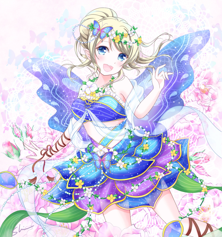 1girl ayase_eli blonde_hair blue_eyes butterfly_hair_ornament butterfly_wings flower hair_flower hair_ornament head_wreath highres long_hair love_live!_school_idol_project pointy_ears ponytail shino_(shinderera) smile solo wings