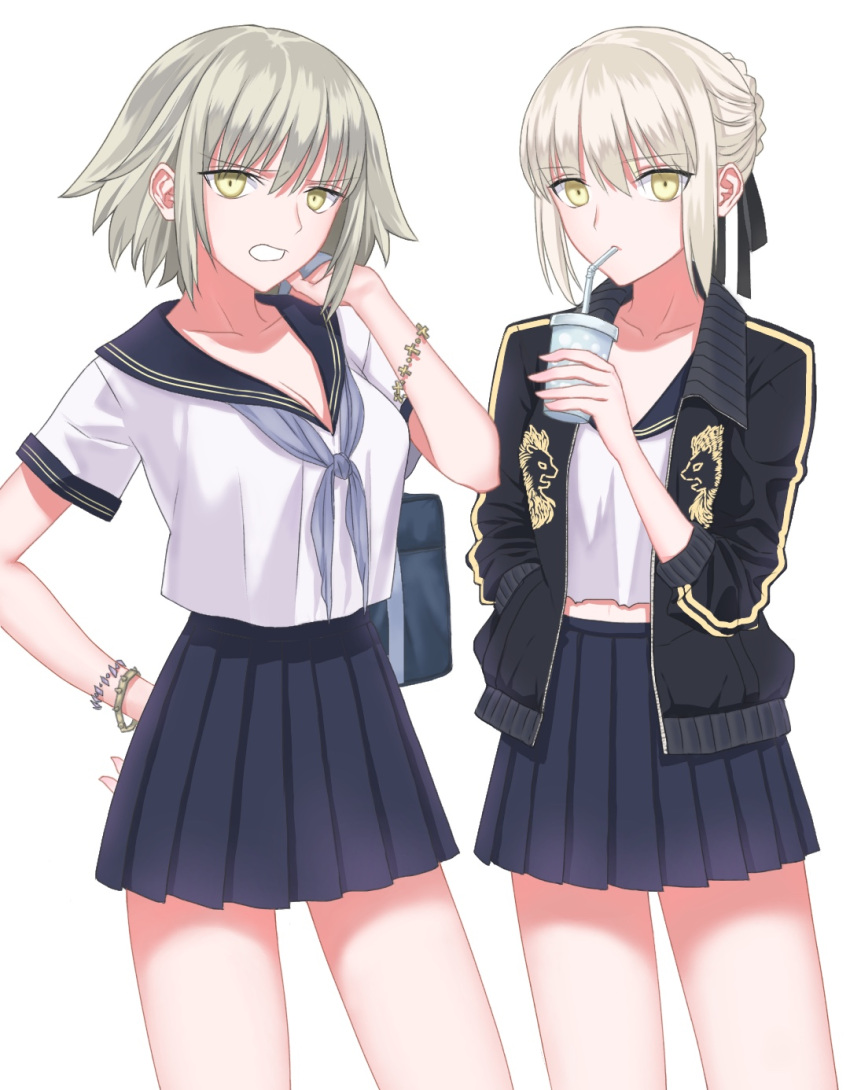 2girls alternate_costume bag bangs bare_legs belly_peek black_bow blonde_hair bow bracelet braid carrying_over_shoulder closed_mouth collarbone cowboy_shot cross dark_persona drinking drinking_straw eyebrows eyebrows_visible_through_hair fate/grand_order fate/stay_night fate_(series) hair_between_eyes hair_ribbon hand_on_hip highres holding_cup jacket jeanne_alter jewelry legs_apart lion looking_at_viewer miniskirt mouth_hold multiple_girls nipi27 open_mouth pleated_skirt ribbon ruler_(fate/grand_order) saber saber_alter school_uniform serafuku short_hair short_sleeves shoulder_bag silver_hair simple_background skirt track_jacket untied white_background white_blouse yellow_eyes