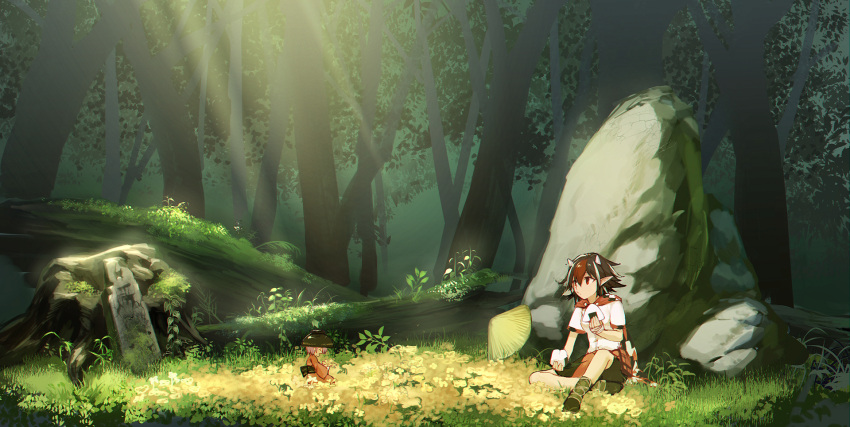 2girls black_hair bowl commentary_request dress eating flower food forest hat highres horns japanese_clothes kijin_seija kimono kinketsu long_sleeves minigirl multicolored_hair multiple_girls nature obi onigiri pointy_ears print_dress red_eyes rock sash sitting smile streaked_hair sukuna_shinmyoumaru touhou tree wide_sleeves