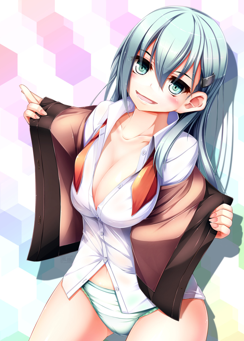 1girl blouse blush breasts buttons cleavage collarbone fingernails fuuki_(nicoseiga) green_eyes green_hair green_panties hair_between_eyes hair_ornament hairclip highres jacket kantai_collection large_breasts long_hair looking_at_viewer no_bra no_pants open_clothes open_jacket open_mouth panties school_uniform smile solo suzuya_(kantai_collection) underwear undressing white_blouse