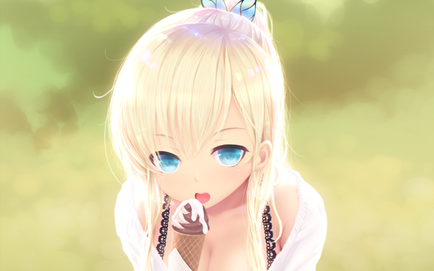 1girl aqua_eyes blonde_hair blue_eyes blush boku_wa_tomodachi_ga_sukunai breasts butterfly butterfly_hair_ornament cait cleavage eating food hair_ornament highres ice_cream ice_cream_cone kashiwazaki_sena large_breasts long_hair open_mouth ponytail solo