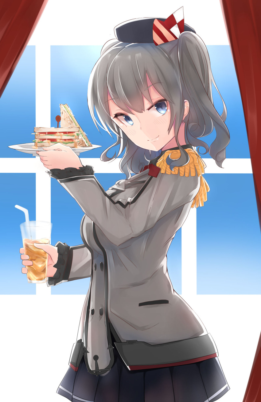 1girl amano_shiki_(amanon) blue_eyes drink glass gloves hat highres kantai_collection kashima_(kantai_collection) sandwich silver_hair smile solo twintails uniform wavy_hair
