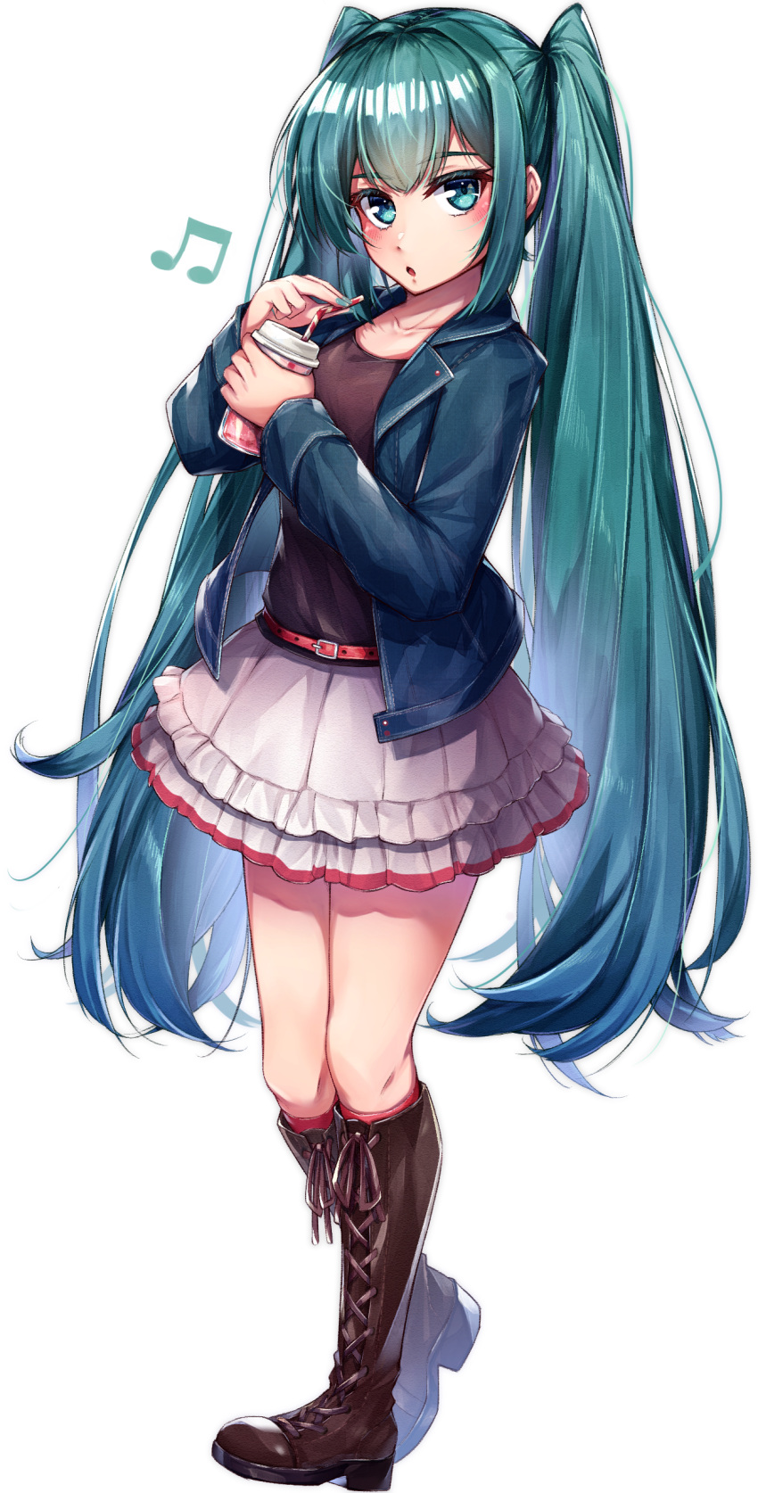 1girl absurdres belt black_shirt blue_eyes blue_hair blue_jacket boots brown_footwear cross-laced_footwear cup denim denim_jacket disposable_cup drinking_straw frilled_skirt frills hatsune_miku highres jacket knee_boots kneehighs lace-up_boots layered_skirt long_hair long_sleeves looking_at_viewer marutenmaruten musical_note open_clothes open_jacket open_mouth red_belt red_legwear shirt skirt solo twintails very_long_hair vocaloid walking white_background white_skirt
