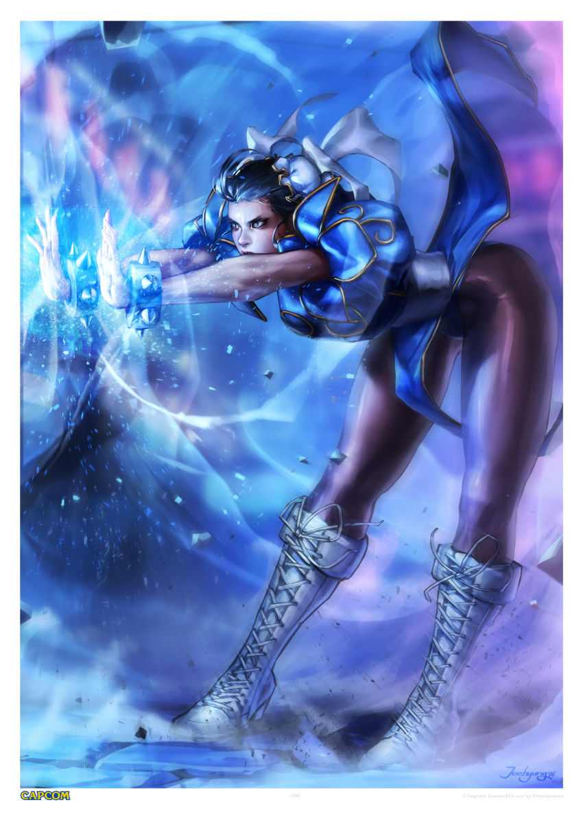 1girl absurdres bent_over boots bracelet bun_cover china_dress chinese_clothes chun-li double_bun dress highres jee-hyung_lee jewelry kikouken pantyhose pelvic_curtain solo spiked_bracelet spikes street_fighter