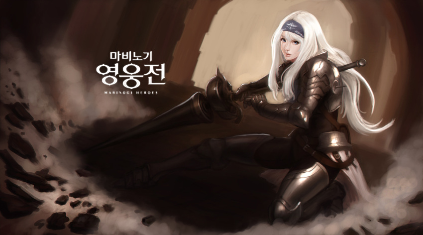1girl armor armored_boots belt blue_eyes boots cowter edward_montenegro gauntlets hairband long_hair looking_at_viewer mabinogi mabinogi_heroes pauldrons solo weapon white_hair