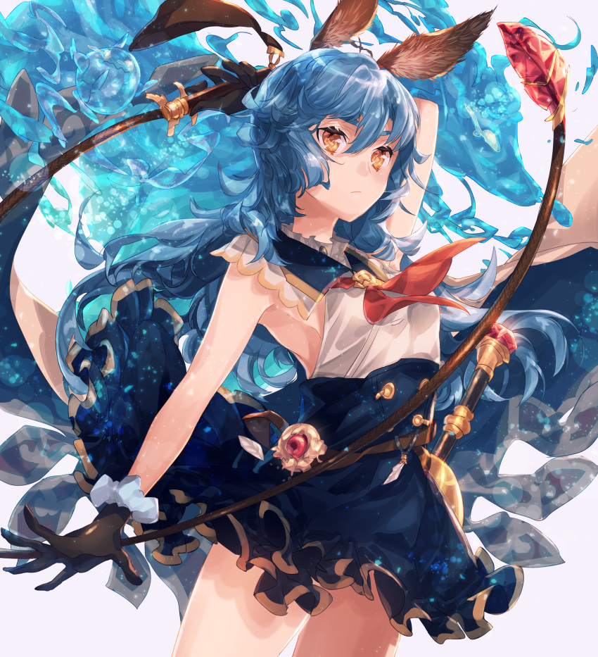 1girl absurdres animal_ears arm_behind_head arm_up beltskirt black_gloves blue_hair blue_skirt breasts brown_eyes cape commentary_request enu_0426 ferry_(granblue_fantasy) gloves granblue_fantasy hair_between_eyes highres long_hair looking_at_viewer rabbit_ears skirt solo wavy_hair weapon whip yellow_eyes