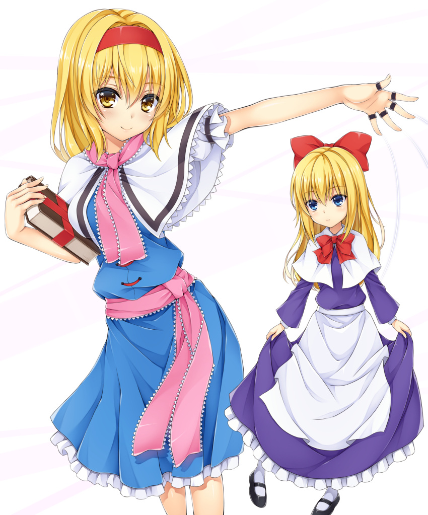 1girl alice_margatroid apron blonde_hair blue_dress blue_eyes book bow capelet dress grimoire_of_alice hair_bow hairband highres kitou_kaitai lolita_hairband long_hair long_sleeves looking_at_viewer mary_janes outstretched_arm puppet_rings puppet_strings purple_dress sash shanghai_doll shoes smile touhou waist_apron yellow_eyes