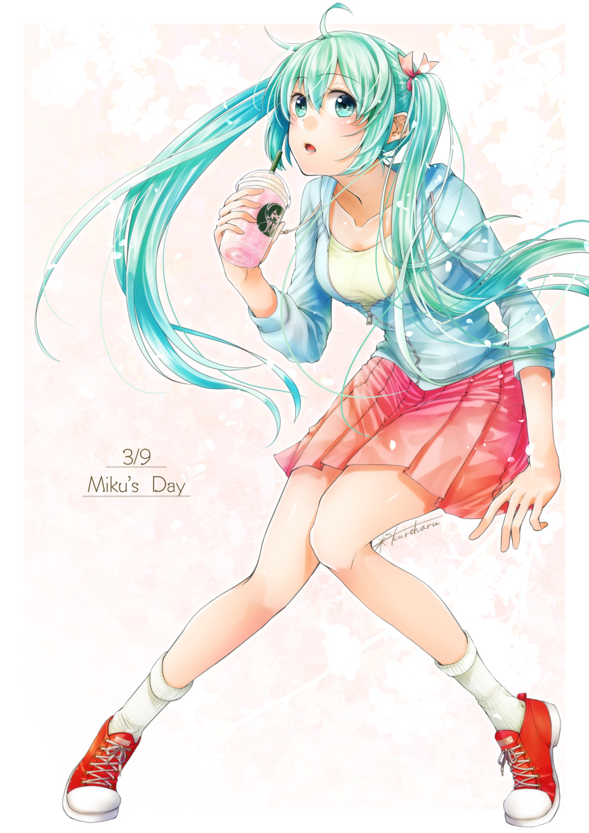 1girl 39 absurdres ahoge drink full_body green_eyes green_hair hatsune_miku highres long_hair looking_at_viewer open_mouth satsuki_kureharu skirt socks solo twintails very_long_hair vocaloid