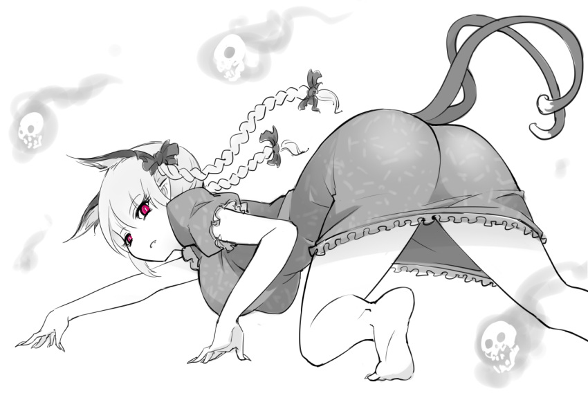 1girl all_fours animal_ears ass barefoot braid breasts cat_ears cat_tail dress extra_ears fang fingernails flaming_skull floating_skull frilled_dress frills hanging_breasts kaenbyou_rin large_breasts legs looking_at_viewer looking_back monochrome multiple_tails nekomata pointy_ears purple_hair raptor7 sharp_fingernails short_dress short_hair soles solo spot_color tail thighs toes touhou twin_braids twintails two_tails