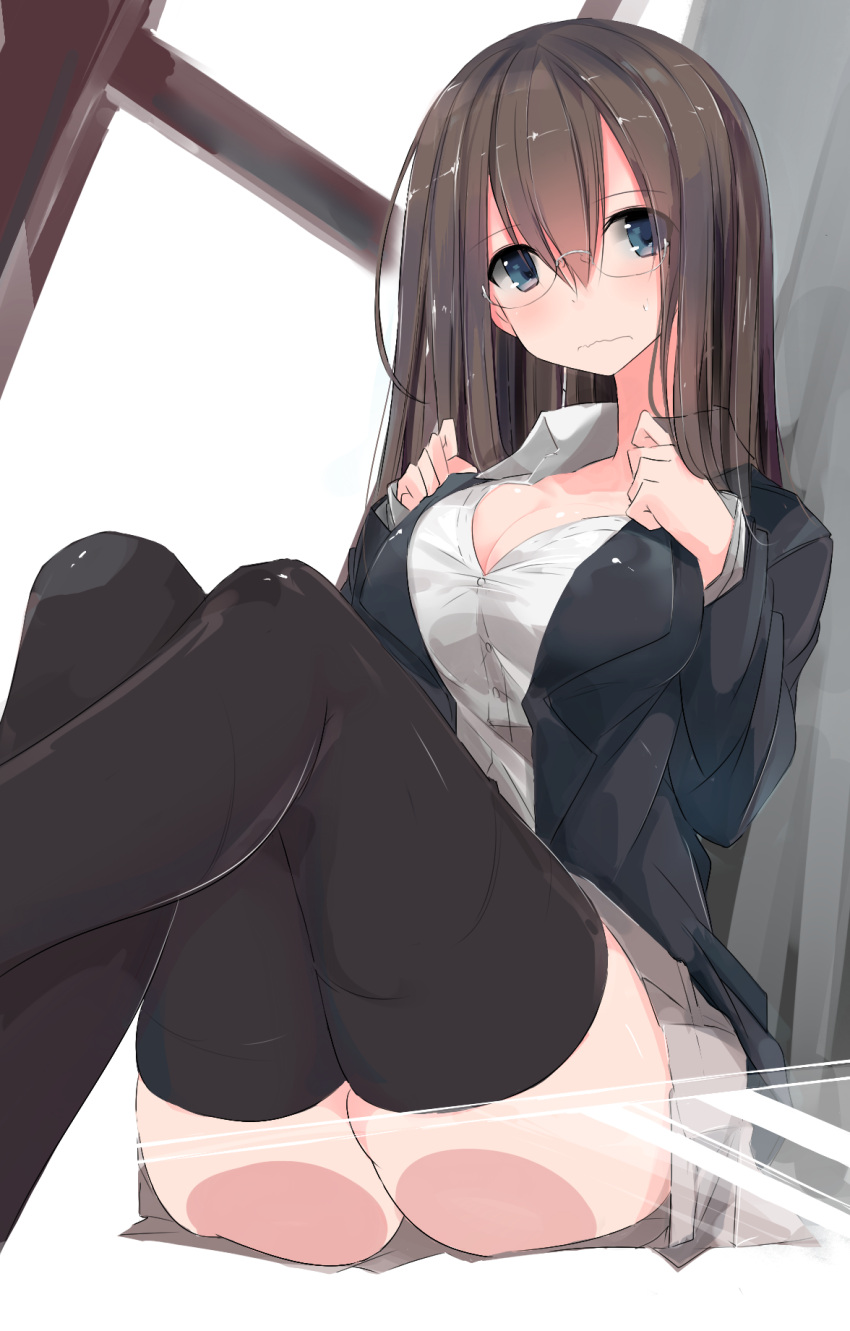 1girl against_glass ass black_legwear blazer blue_eyes breasts brown_hair buttons cleavage closed_mouth collarbone frown glasses hair_between_eyes highres jacket knees_up legs_together long_hair looking_at_viewer nao_(qqqbb) original sitting skirt solo sweatdrop thigh-highs thighs unbuttoned undressing wavy_mouth zettai_ryouiki