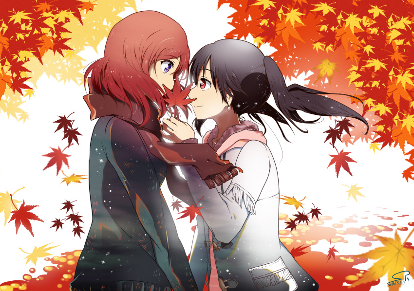 2girls autumn autumn_leaves bangs black_hair cardigan closed_mouth coat covered_mouth eye_contact eyebrows eyebrows_visible_through_hair eyelashes floating_hair fringe from_side fur_trim highres holding_leaf leaf long_sleeves looking_at_another love_live!_school_idol_project maple_leaf multiple_girls nishikino_maki profile red_eyes red_scarf redhead scarf signature smile suan_ringo twintails upper_body violet_eyes wind yazawa_nico yuri
