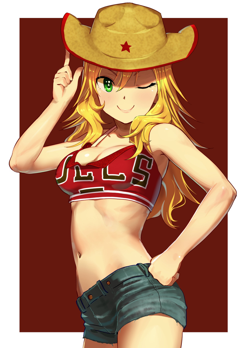 1girl absurdres ahoge bare_shoulders blonde_hair blush breasts cleavage commentary_request cowboy_hat crop_top denim denim_shorts green_eyes hand_on_hip hat highres hoshii_miki idolmaster long_hair looking_at_viewer midriff navel one_eye_closed pettan_p short_shorts shorts smile solo star star-shaped_pupils symbol-shaped_pupils