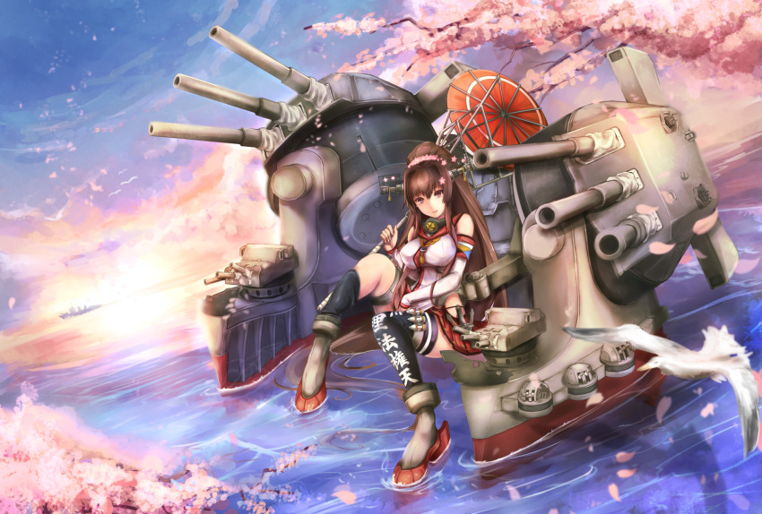 1girl anchor bird black_legwear breasts brown_eyes brown_hair cannon cherry_blossoms commentary_request detached_sleeves flower hair_flower hair_ornament headgear highres kantai_collection large_breasts long_hair looking_at_viewer machinery miniskirt oriental_umbrella partially_submerged petals ponytail remodel_(kantai_collection) single_thighhigh sitting_on_water skirt smile solo thigh-highs turret umbrella untsue very_long_hair yamato_(kantai_collection)
