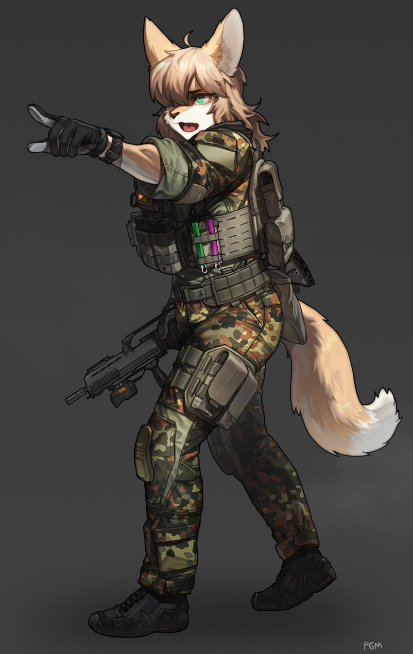 1girl absurdres ahoge animal_ears artist_name assault_rifle blonde_hair camouflage camouflage_jacket camouflage_pants commission fang full_body furry furry_female gloves glowstick green_eyes grey_background gun h&amp;k_g36 hair_over_one_eye highres holding holding_gun holding_weapon jacket magazine_(weapon) medium_hair military military_uniform open_mouth original pants pgm300 plate_carrier rifle shoes simple_background solo standing tail thigh_pouch tongue uniform watermark weapon