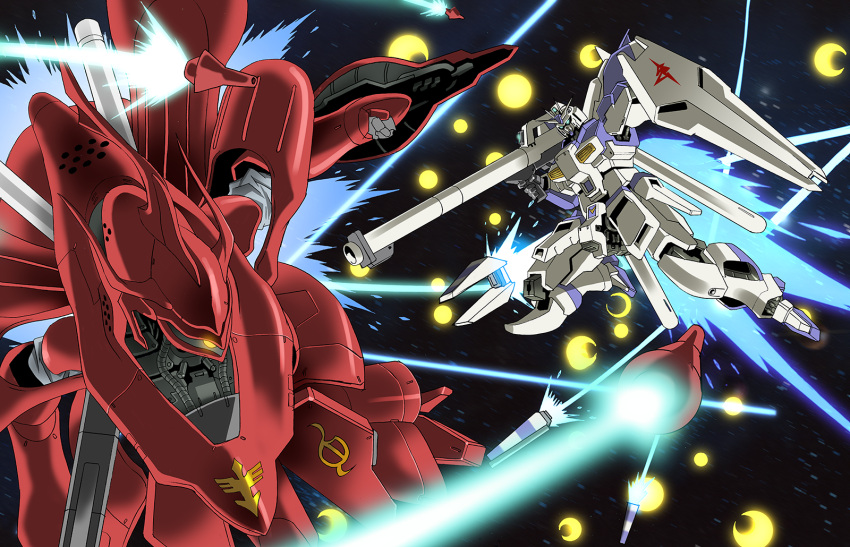 battle bazooka beam_rifle char's_counterattack char's_counterattack_-_beltorchika's_children energy_gun explosion fin_funnels funnels gundam hi-nu_gundam highres mecha nightingale no_humans platin_(alios) shield space weapon