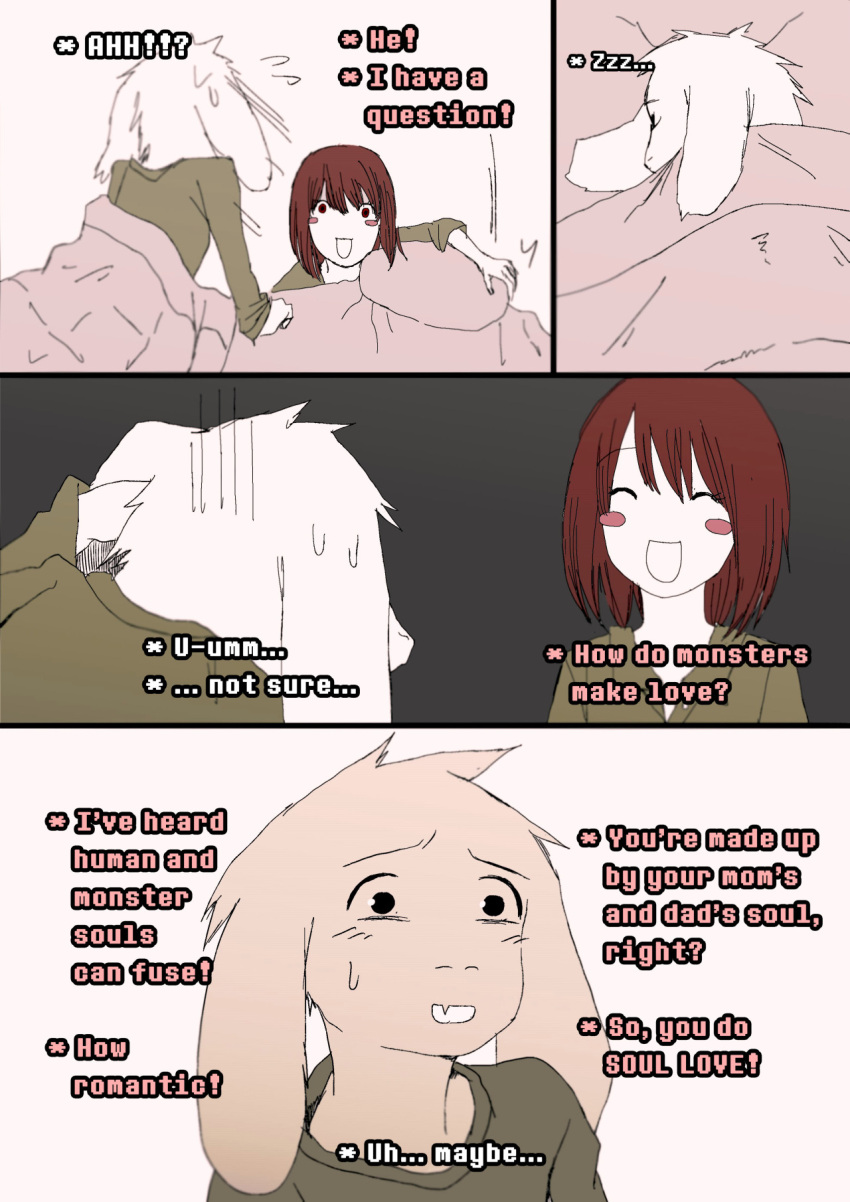 1boy 4koma androgynous asriel_dreemurr bed black_eyes blush_stickers bossmonsterbani brown_hair chara_(undertale) comic english highres monster_boy pajamas red_eyes sleeping spoilers sweatdrop undertale