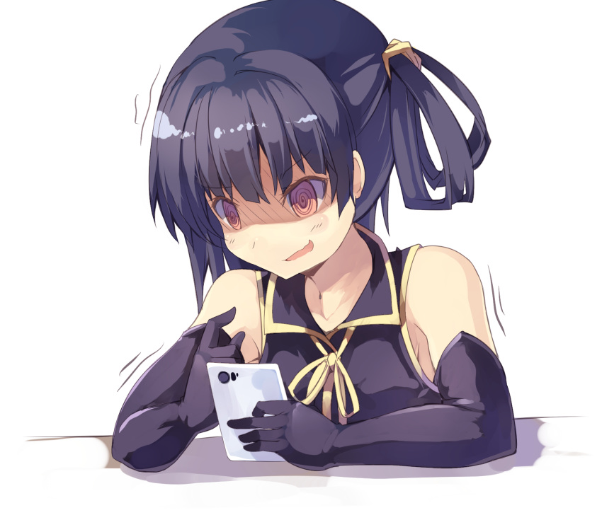 1girl bare_shoulders black_hair cellphone clammy_zell highres long_hair no_game_no_life nomalandnomal phone red_eyes smartphone solo wavy_mouth