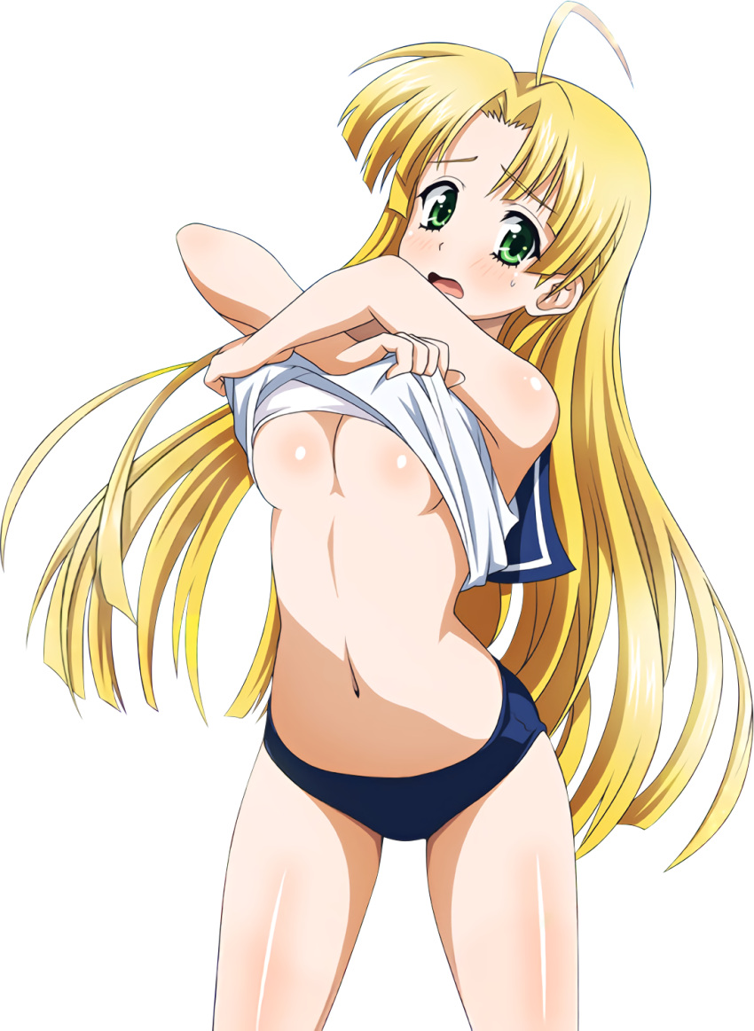 1girl ahoge asia_argento blonde_hair breasts buruma extraction green_eyes high_school_dxd highres long_hair navel open_mouth solo transparent_background under_boob undressing