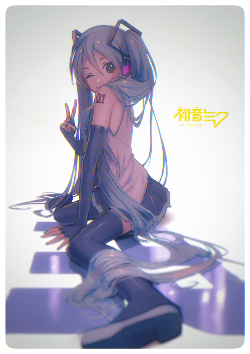 1girl ;) blue_nails closed_eyes fingerless_gloves gloves hatsune_miku headphones highres long_hair looking_at_viewer nail_polish one_eye_closed pine_(yellowpine112) sitting sleeveless smile solo symbol-shaped_pupils thigh-highs very_long_hair vocaloid wariza