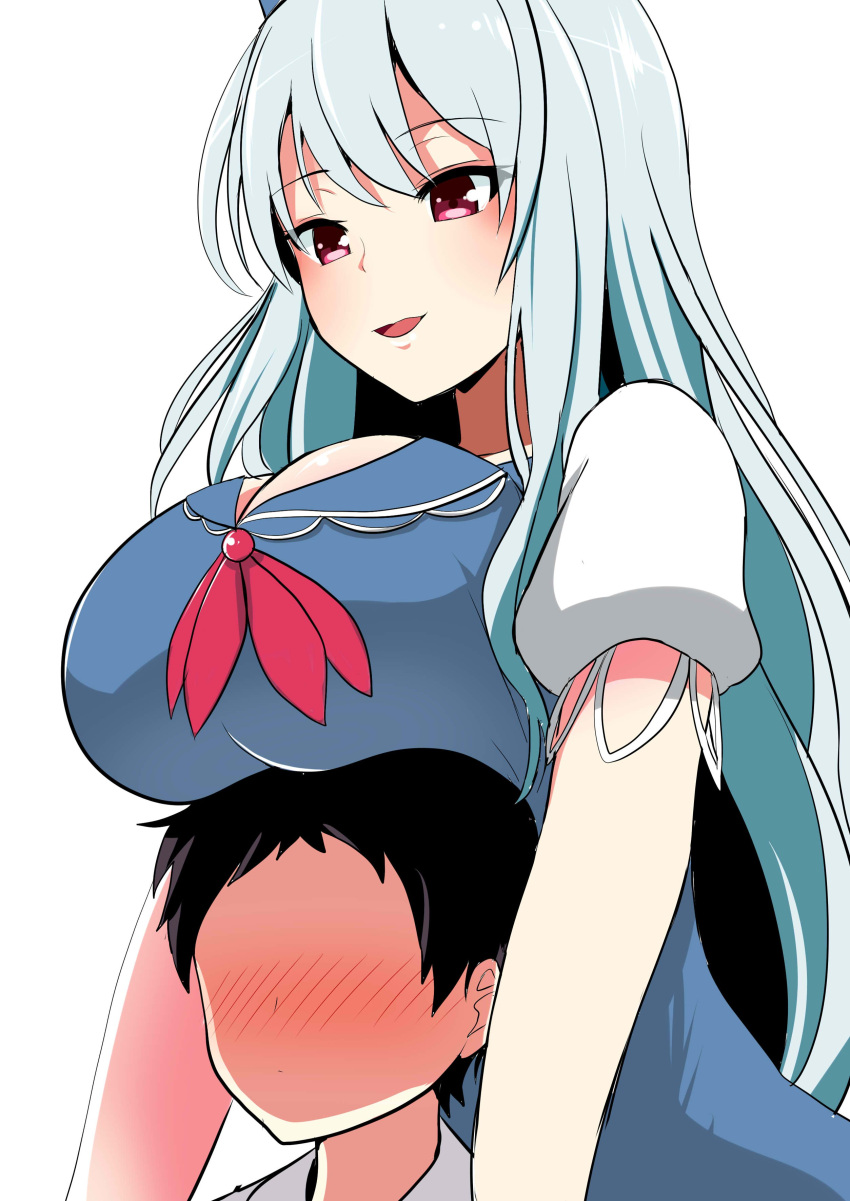 1boy 1girl absurdres amisu blue_dress blush breast_rest breasts breasts_on_head cleavage dress faceless faceless_male hat highres kamishirasawa_keine large_breasts nose_blush puffy_short_sleeves puffy_sleeves red_eyes short_sleeves smile touhou upper_body white_background