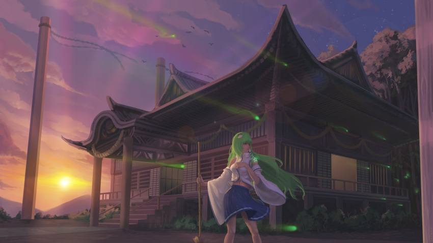 1girl architecture bamboo_broom bangs blue_skirt blunt_bangs breasts broom bush closed_mouth clouds detached_sleeves east_asian_architecture floating_hair forest frog_hair_ornament glowing grass green_hair hair_ornament hair_tubes highres holding_broom kochiya_sanae legs_apart light_particles long_hair looking_back miniskirt mountain nature navel onbashira outdoors pleated_skirt railing rope sarashi sarena shimenawa skirt sky snake_hair_ornament solo stairs standing star sun sunlight sunrise temple touhou tree twilight veranda very_long_hair wind