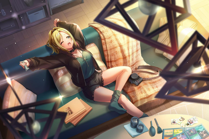 belt blanket blonde_hair blue_eyes blush book camera choker couch d4dj jacket long_hair napkin neclace pillow sasago_jennifer_yuka shelf short_shorts socks stretch wink wooden_floor yellow_hair