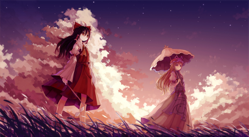 2girls ahoge alternate_hair_length alternate_hairstyle armband ascot backlighting black_hair blonde_hair bow brown_eyes clouds collar dead_line detached_sleeves dress evening expressionless frilled_collar frills gohei grass hair_bow hair_tubes hakurei_reimu hat hat_ribbon highres holding holding_umbrella long_hair long_sleeves looking_afar looking_to_the_side md5_mismatch mob_cap multiple_girls night night_sky red_bow red_shirt red_skirt ribbon shirt skirt sky standing star_(sky) starry_sky tabard touhou umbrella violet_eyes white_dress wide_sleeves wind yakumo_yukari